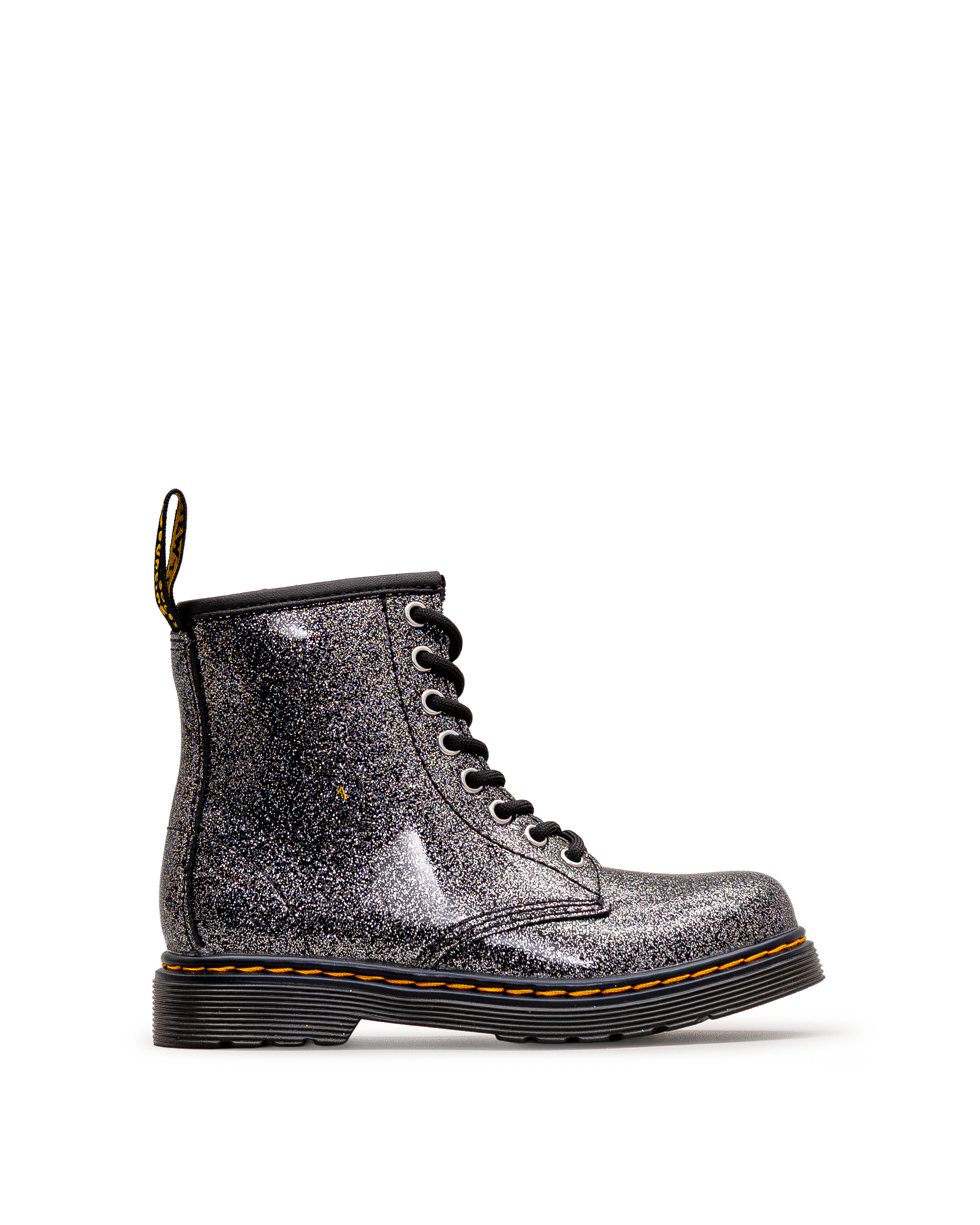 Vue latérale des bottes Dr. Martens 1460 Glitter, noir et argent