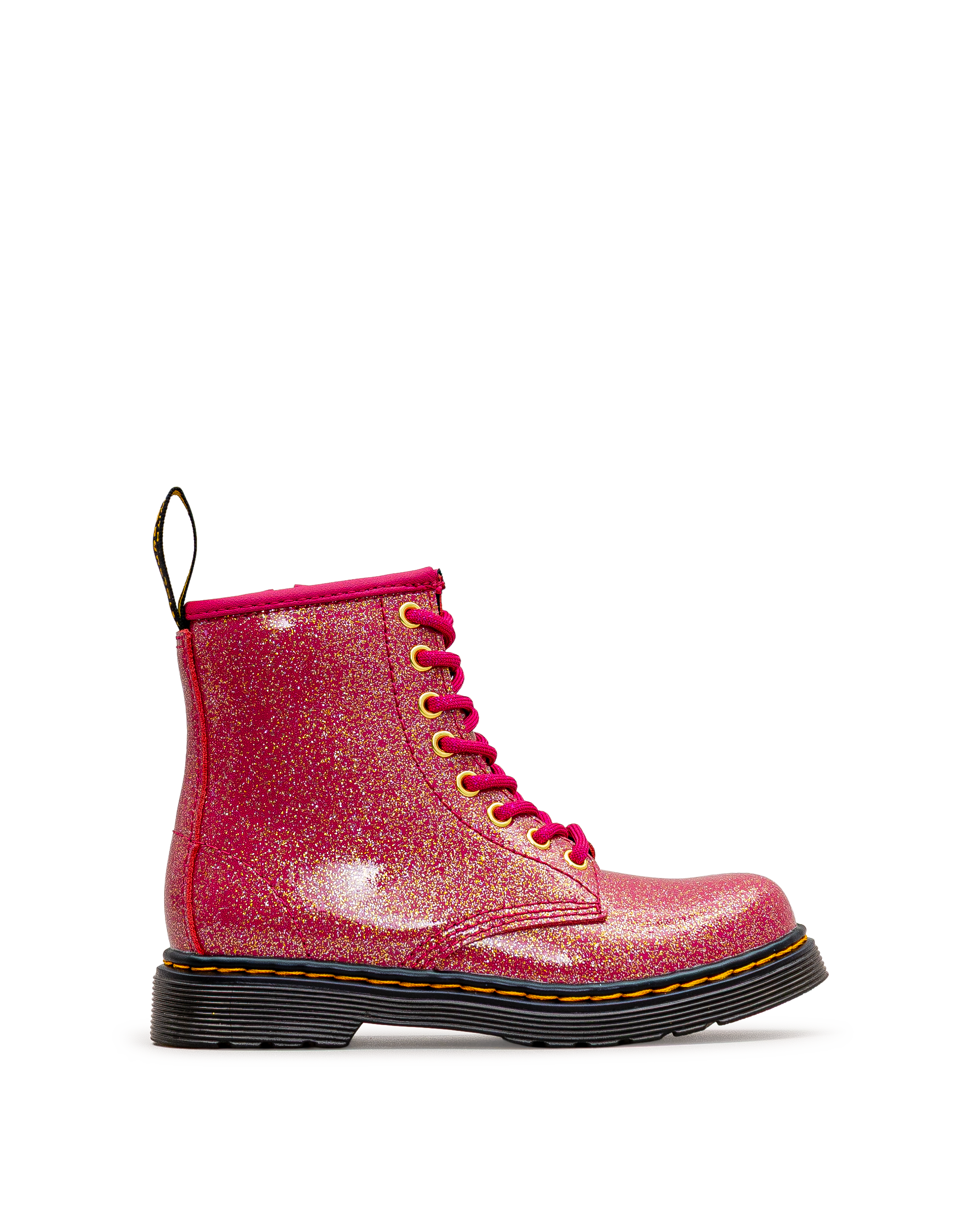 Vue extérieure de la botte Dr. Martens 1460 Glitter fuchsia pour enfants