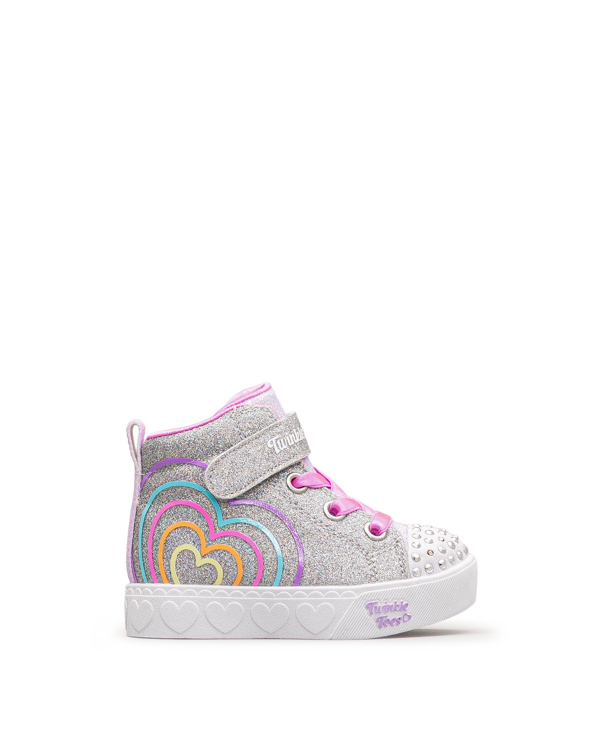 Vue latérale extérieure de la chaussure Skechers Heart Steps argent et rose pour tout-petits
