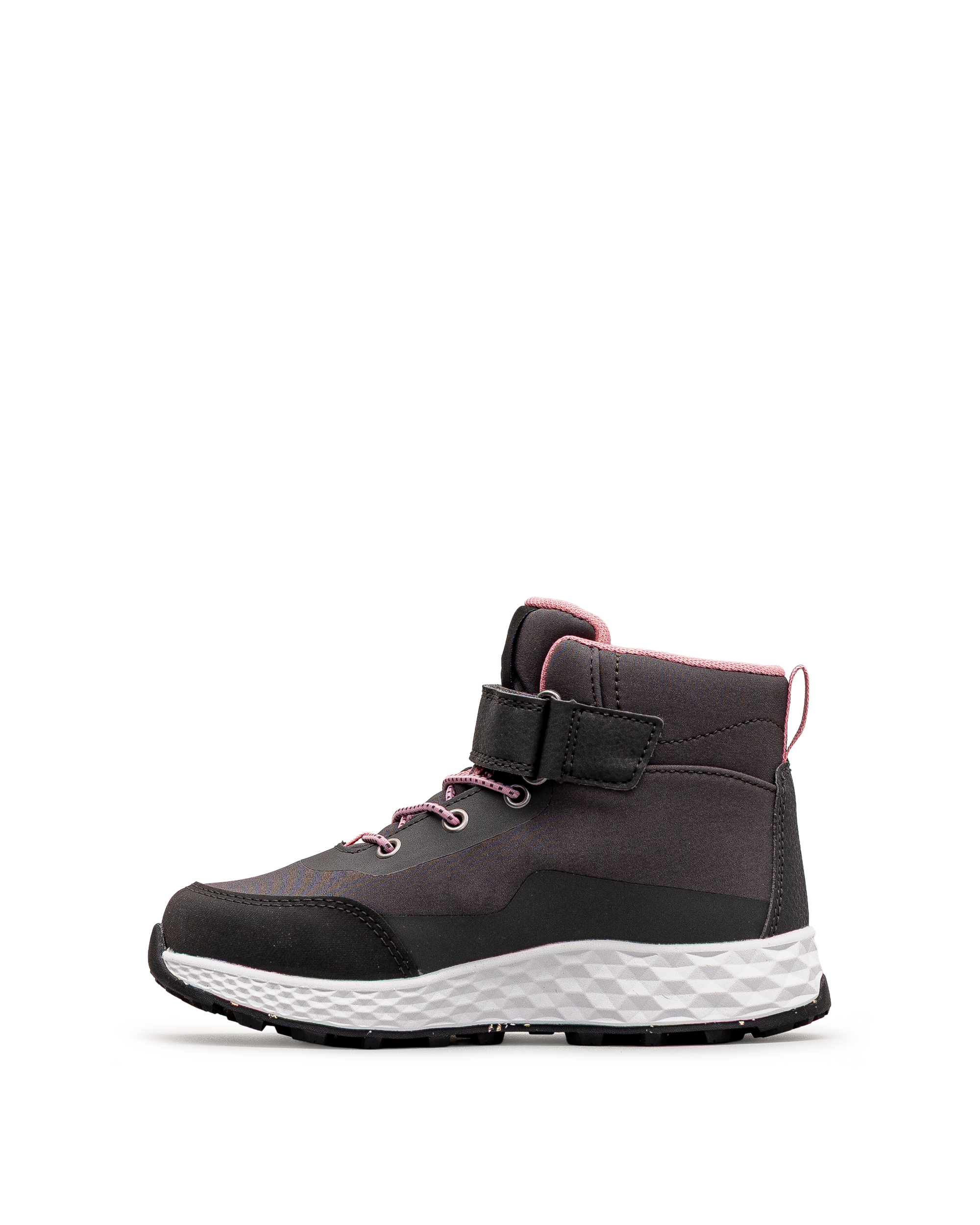 Vue latérale extérieure de la chaussure Reima Hiipien grise et rose pour enfants
