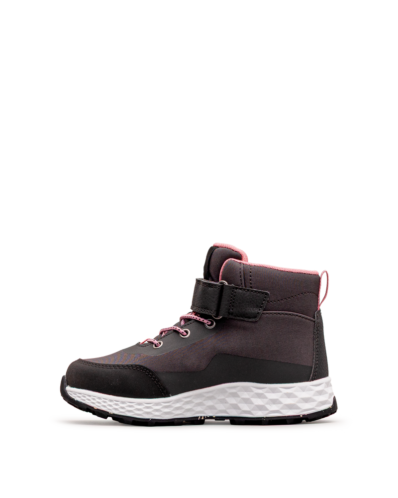 Vue latérale extérieure de la chaussure Reima Hiipien grise et rose pour enfants