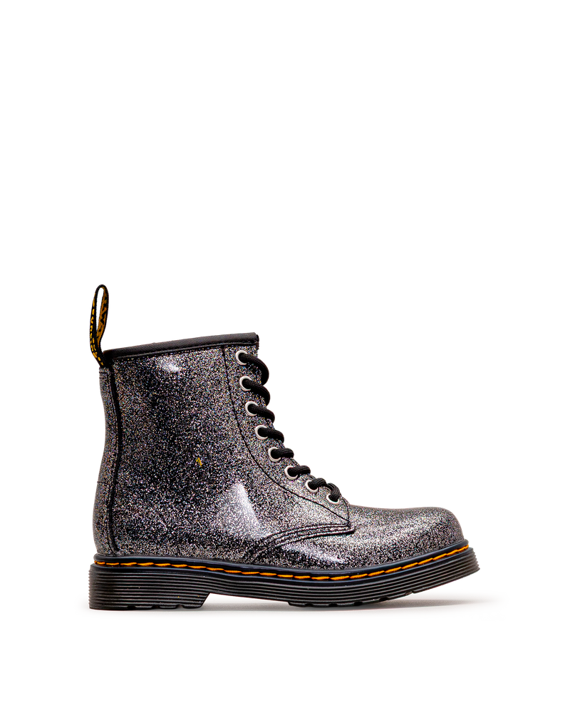 Vue latérale des bottes Dr. Martens 1460 Glitter, noir et argent