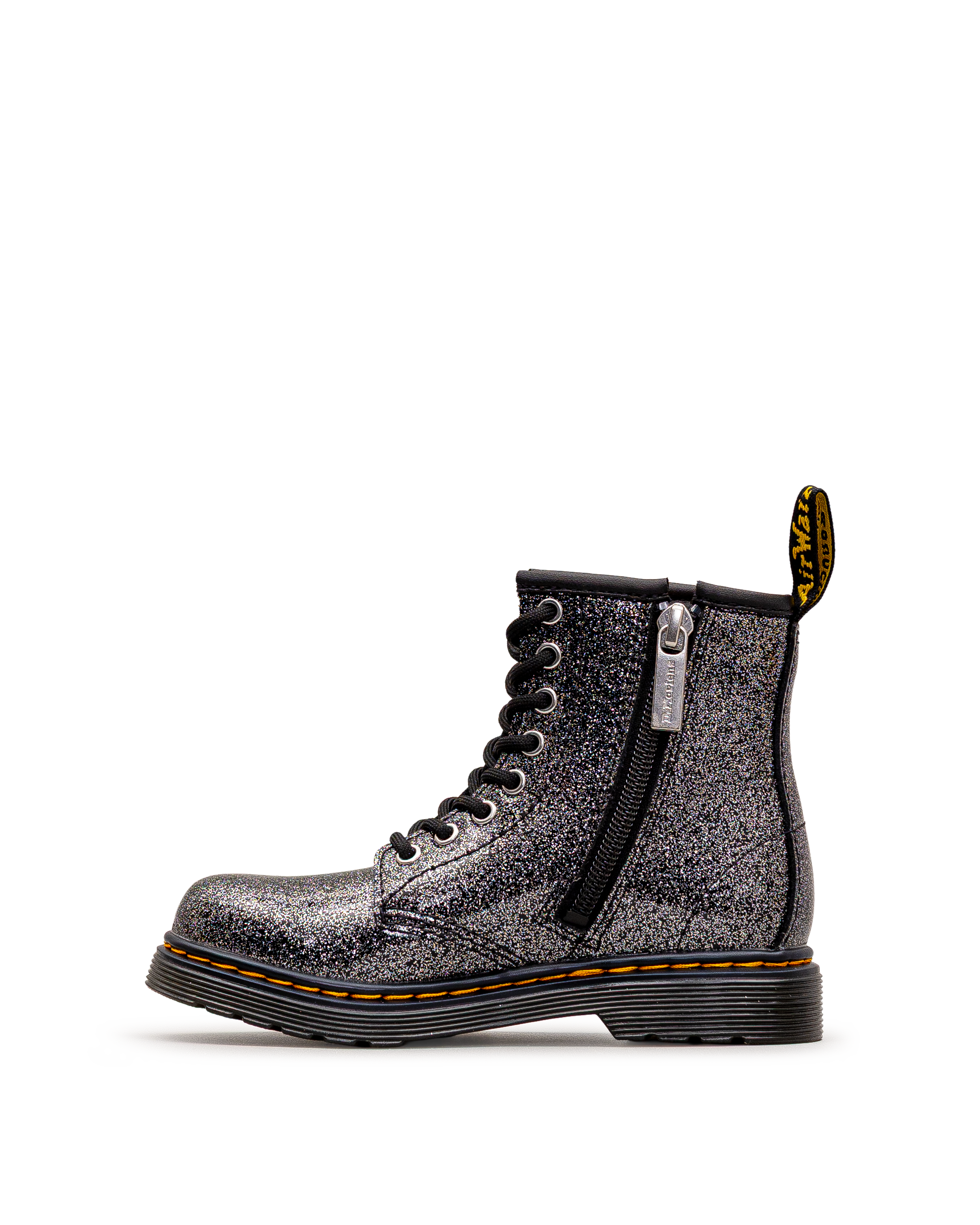 Vue latérale avec fermeture éclair des bottes Dr. Martens 1460 Glitter, noir et argent