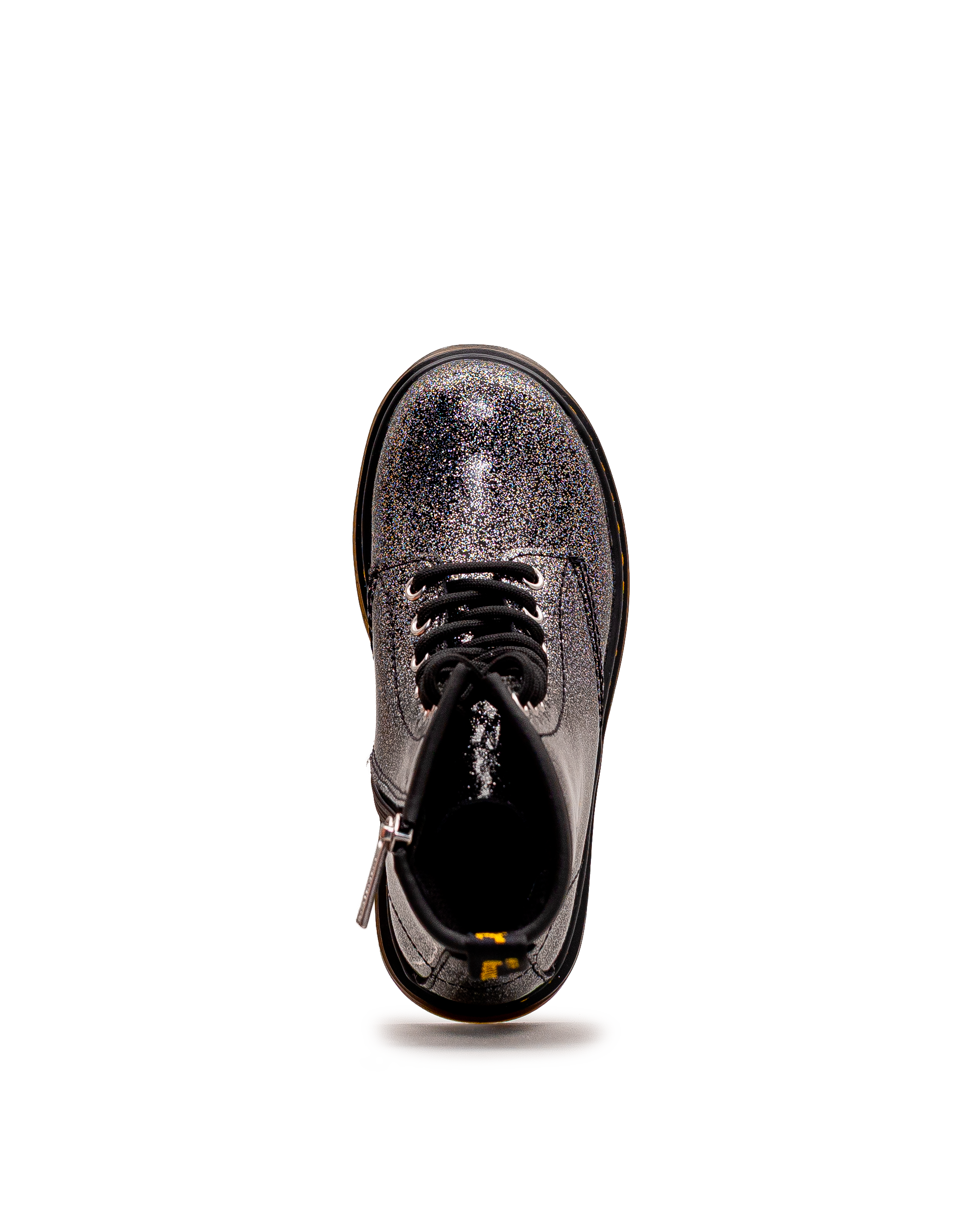 Vue de dessus des bottes Dr. Martens 1460 Glitter, noir et argent