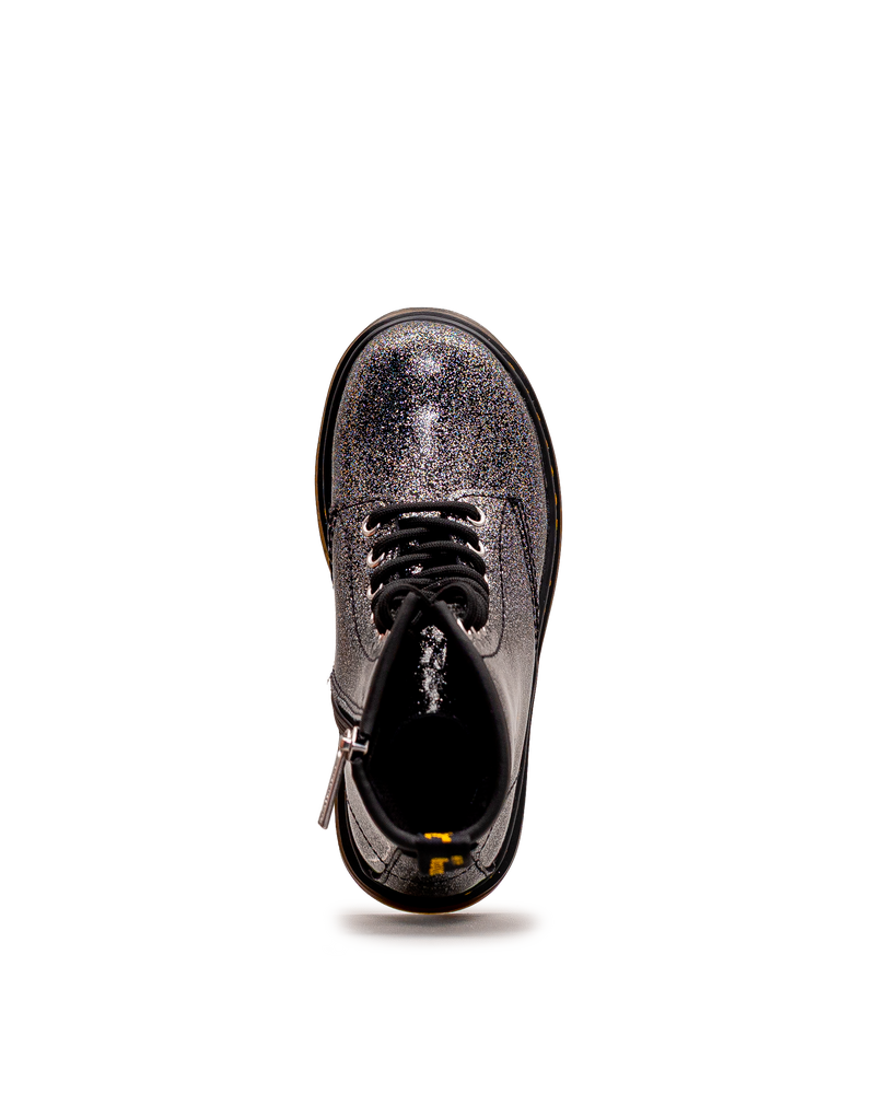 Vue de dessus des bottes Dr. Martens 1460 Glitter, noir et argent