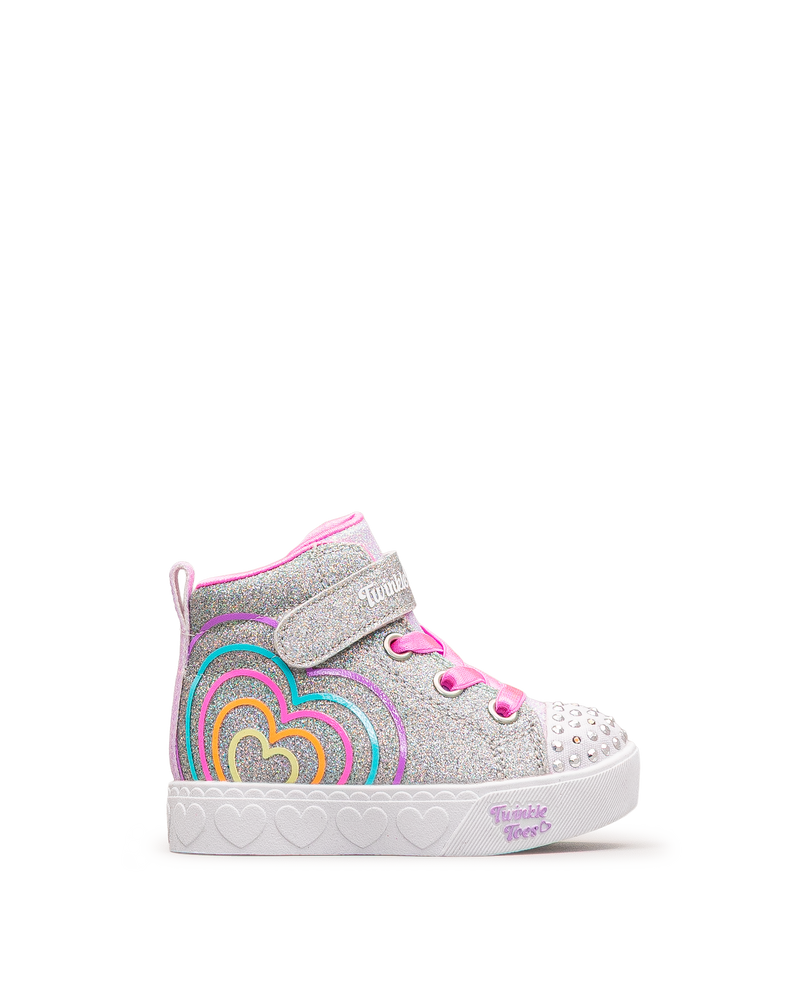 Vue latérale extérieure de la chaussure Skechers Heart Steps argent et rose pour tout-petits