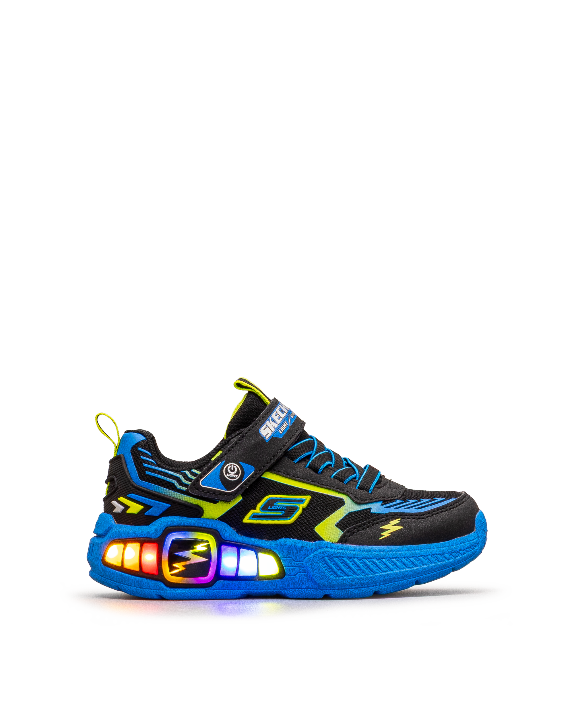 Chaussure Skechers Light Storm 3 noire et bleue pour enfants, vue latérale extérieure avec lumières