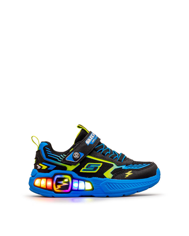 Chaussure Skechers Light Storm 3 noire et bleue pour enfants, vue latérale extérieure avec lumières